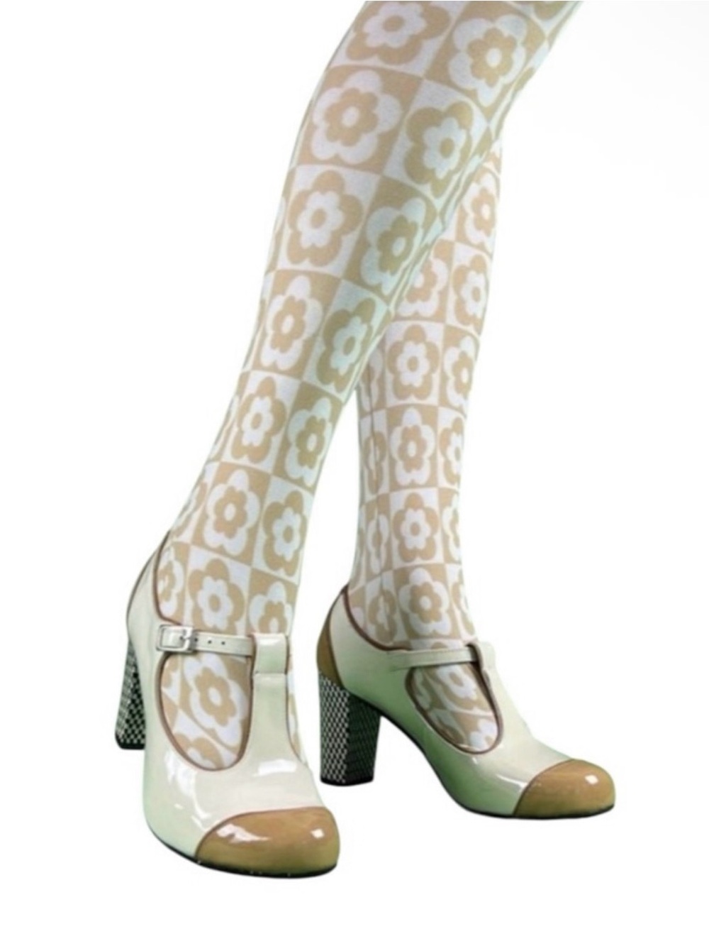 T-Strap Heels with Patterned Block Heel 60s 70s Cream and Golden Tan 38 7.5/8